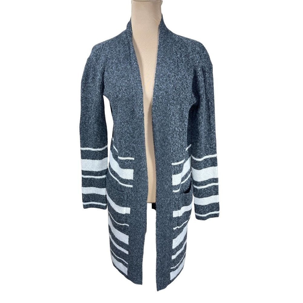 Olive + Oak Open Front Cardigan Charcoal Gray White Stripe Long-Line Size XS